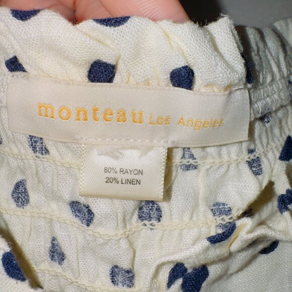 Monteau Women's Small White Polka Dot Short Sleeve Linen Blend Button Up Shirt - Picture 4 of 7